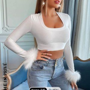 SHEIN Privé Fuzzy Cuff Scoop Neck Crop Tee